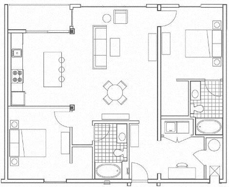 Floor plan for 2 beds, 2 baths, 1300 sqft